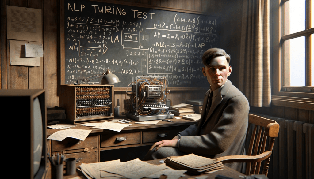 Alan Turing - Turing testen med NLP tekst på tavlen