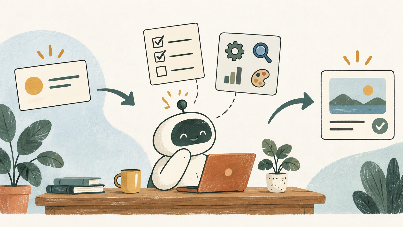 Illustration af en AI-agent, der modtager en opgave, bruger værktøjer og afleverer et resultat.