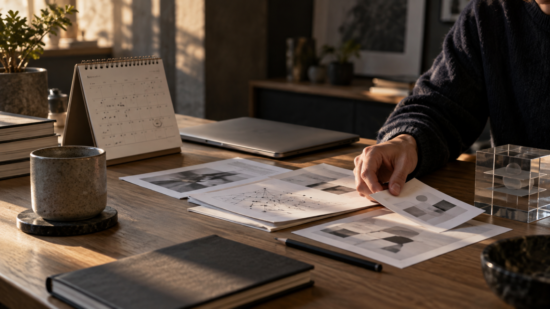 En hånd sorterer papirer med abstrakte diagrammer på et skrivebord ved siden af en lukket laptop og en kalender.