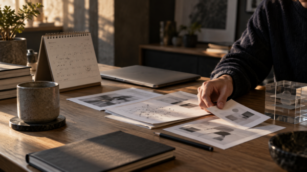 En hånd sorterer papirer med abstrakte diagrammer på et skrivebord ved siden af en lukket laptop og en kalender.