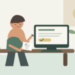 Illustration af en person ved et skrivebord, der sammenligner felter på en computerskærm med en note ved siden af.