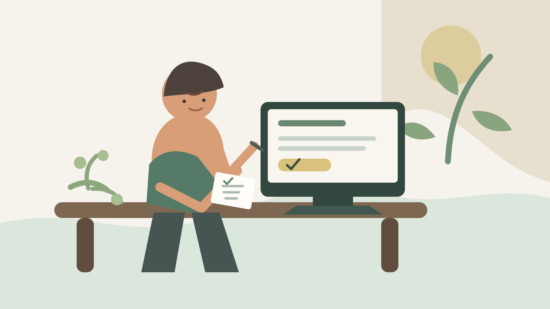 Illustration af en person ved et skrivebord, der sammenligner felter på en computerskærm med en note ved siden af.