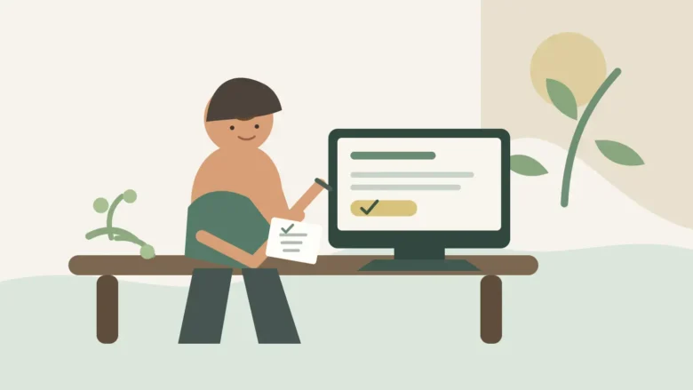 Illustration af en person ved et skrivebord, der sammenligner felter på en computerskærm med en note ved siden af.