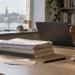 Stille arbejdsbord med forskningspapirer, bøger og en lukket laptop i et lyst kontor, som illustrerer kildebaseret vidensarbejde.