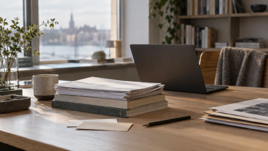 Stille arbejdsbord med forskningspapirer, bøger og en lukket laptop i et lyst kontor, som illustrerer kildebaseret vidensarbejde.