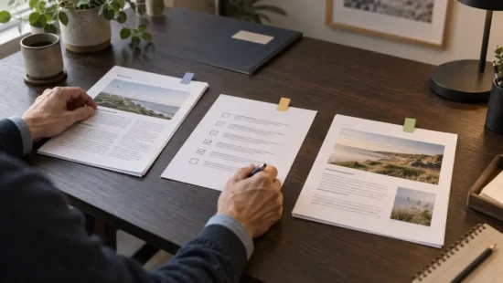 Illustrativ arbejdsproces med kildemateriale, en opgaveliste og et kontrolleret resultat på et skrivebord.