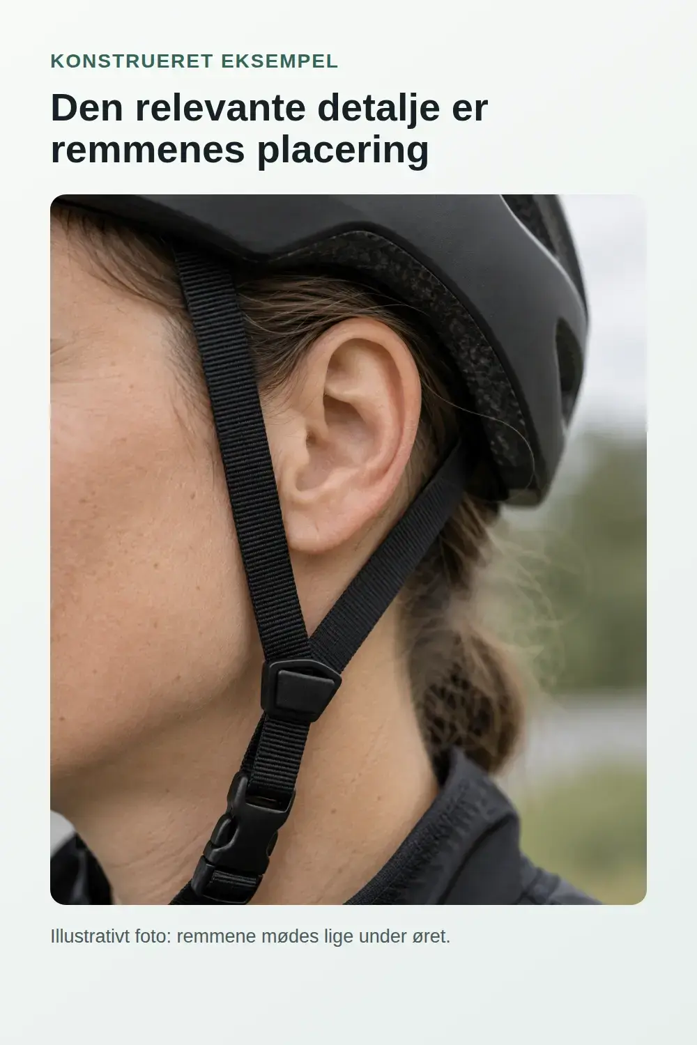 Cykelhjelmens remme mødes lige under øret.