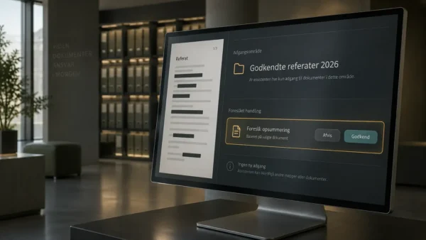 Fiktiv digital arbejdsflade viser afgrænset adgang til Godkendte referater 2026, en redigeret dokumentvisning og et forslag om opsummering, der afventer godkendelse.