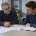 Underviser og voksen studerende gennemgår markerede tekstpassager sammen med et åbent noteshæfte.
