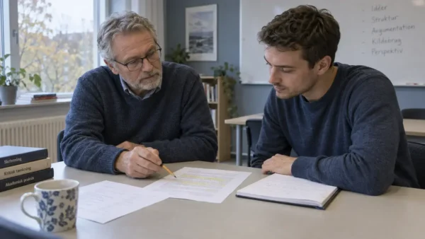 Underviser og voksen studerende gennemgår markerede tekstpassager sammen med et åbent noteshæfte.