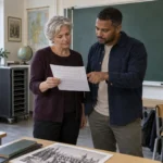 To voksne gennemgår et ark med afkrydsningsfelter i et klasseværelse med tavle og computerskab.
