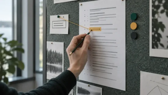 Illustration af en hånd, der forbinder et foreslået handlingspunkt med en fremhævet passage i et mødereferat.
