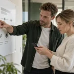To kolleger sammenligner en kort plan med en intern besked, før den sendes.