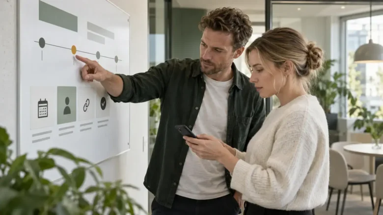 To kolleger sammenligner en kort plan med en intern besked, før den sendes.
