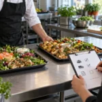To cateringbakker sammenlignes i et arbejdskøkken, mens en person markerer et tomt kontrolpunkt på en udklipsholder.