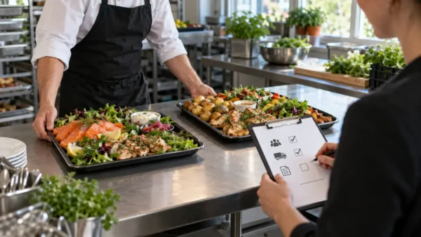 To cateringbakker sammenlignes i et arbejdskøkken, mens en person markerer et tomt kontrolpunkt på en udklipsholder.