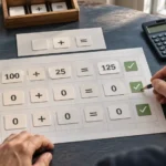 Hånd tjekker tre rækker på et illustrativt regnearksark: 100 plus 25 giver 125, og to nulrækker giver 0.