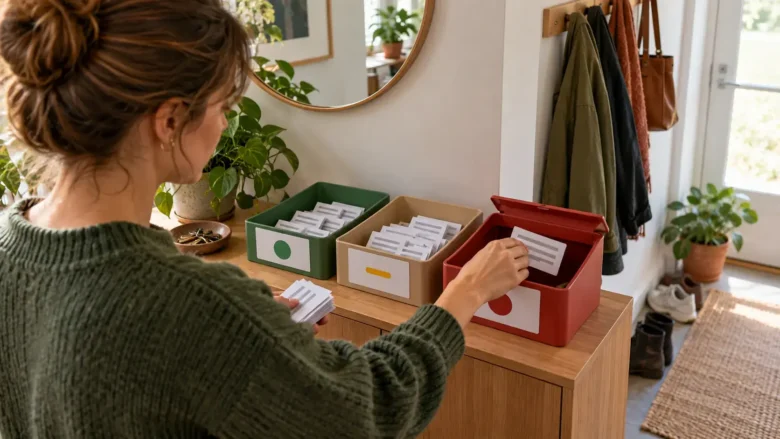 En person sorterer kort med skjulte oplysninger i grøn, gul og rød beholder ved en entré.