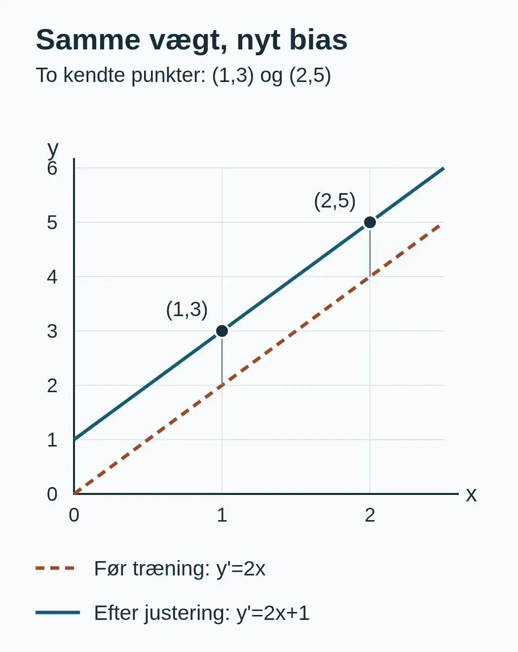 Graf med punkterne (1,3) og (2,5). Linjen y'=2x ligger en enhed under dem, mens y'=2x+1 rammer begge punkter.