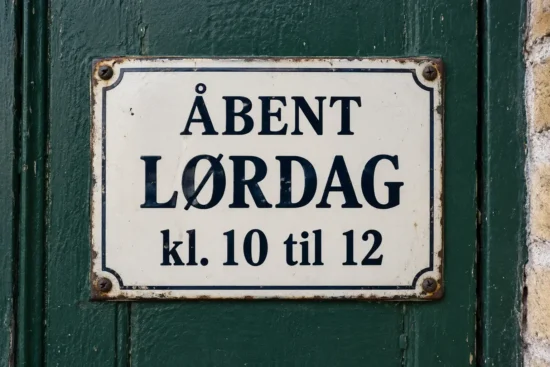Emaljeskilt på en grøn dør med teksten Åbent lørdag kl. 10 til 12.