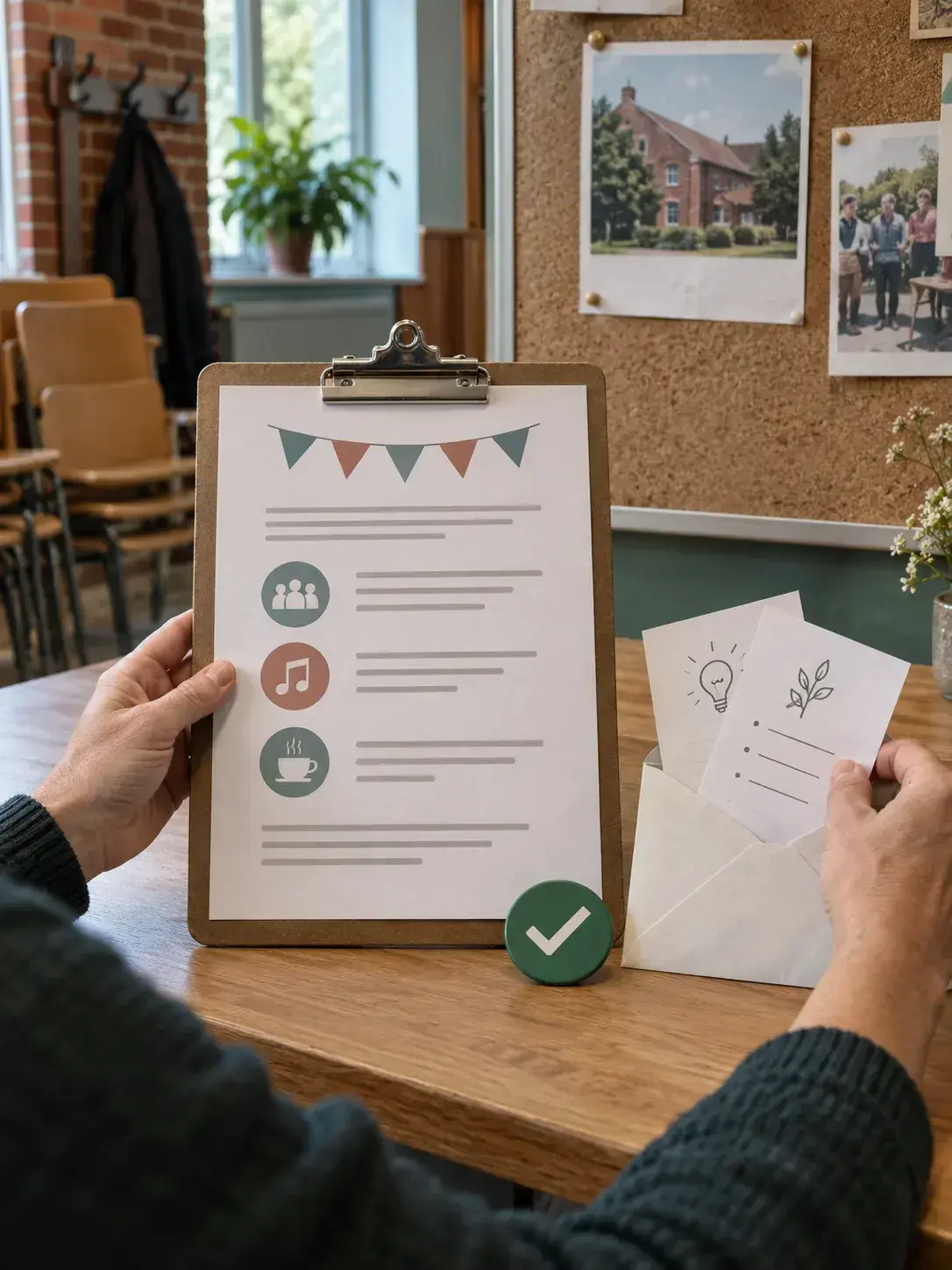 Et færdigt program på et clipboard holdes adskilt fra to løse noter, der lægges i en kuvert.