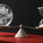 Illustrativ balance mellem et arkiv af kontekst og et timeglas med en enkel samtaleseddel.