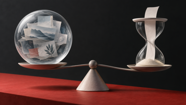 Illustrativ balance mellem et arkiv af kontekst og et timeglas med en enkel samtaleseddel.