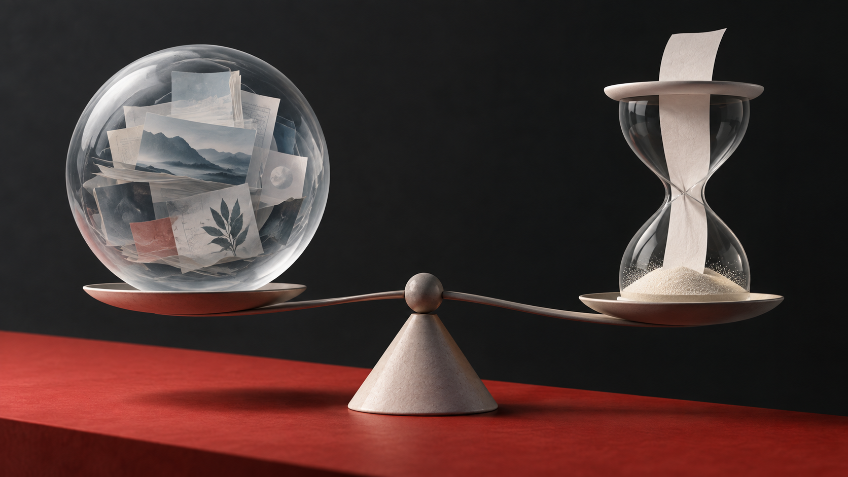 Illustrativ balance mellem et arkiv af kontekst og et timeglas med en enkel samtaleseddel.