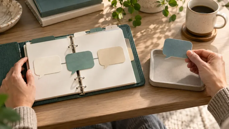 Illustrativ scene med tre sammenhængende samtalekort i en åben mappe og et enkelt, adskilt samtalekort i en persons hånd.