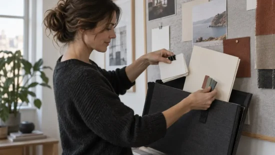 Illustrativ scene, hvor en person samler noter, et dokument og små mærker i en fælles projektmappe.