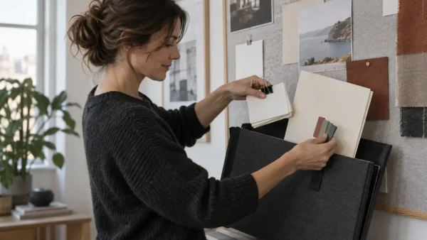 Illustrativ scene, hvor en person samler noter, et dokument og små mærker i en fælles projektmappe.