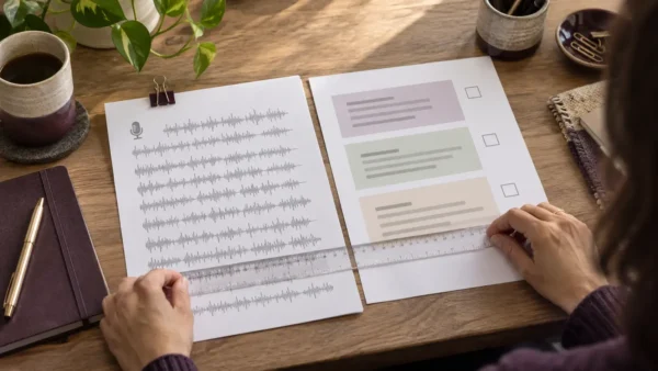 Illustrativ scene, hvor en redaktør sammenholder et interviewudskrift med et kort projektbrief ved hjælp af en gennemsigtig lineal.