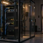 Illustrativ aftenscene med et serverrack i et glasrum, mens en person forlader rummet.