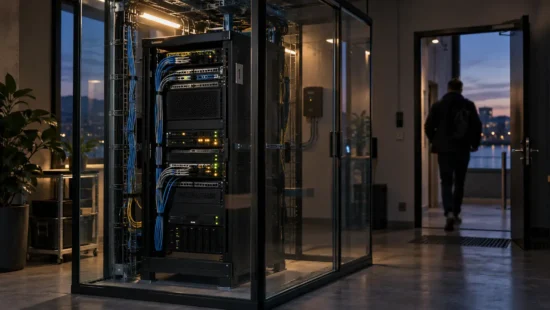 Illustrativ aftenscene med et serverrack i et glasrum, mens en person forlader rummet.