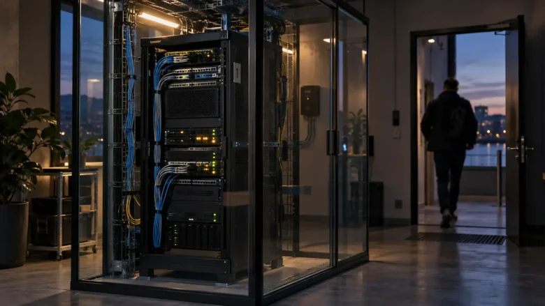 Illustrativ aftenscene med et serverrack i et glasrum, mens en person forlader rummet.