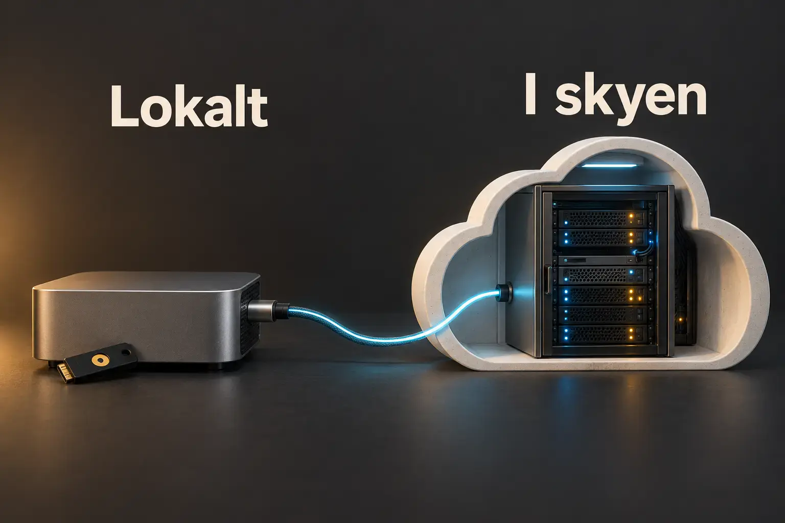 Illustration med en lokal computerboks og en server i et skyformet kabinet, forbundet med et kabel.