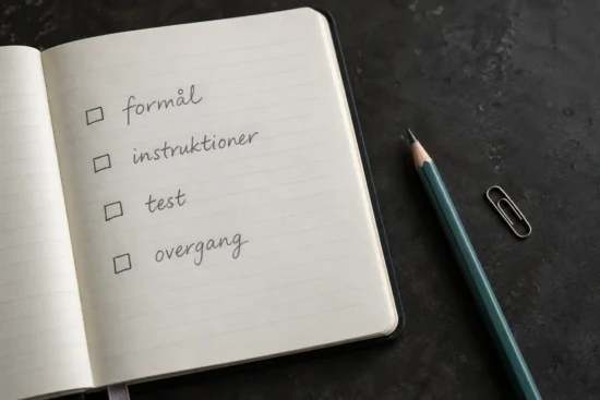 Åben notesbog med en håndskrevet tjekliste: formål, instruktioner, test og overgang.