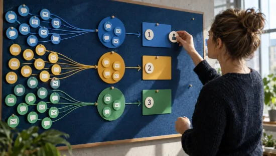 Illustrativ scene, hvor tilbagemeldinger grupperes i tre emner og ender i ugentlige prioriteter med en menneskelig kontrol ved den øverste prioritet.