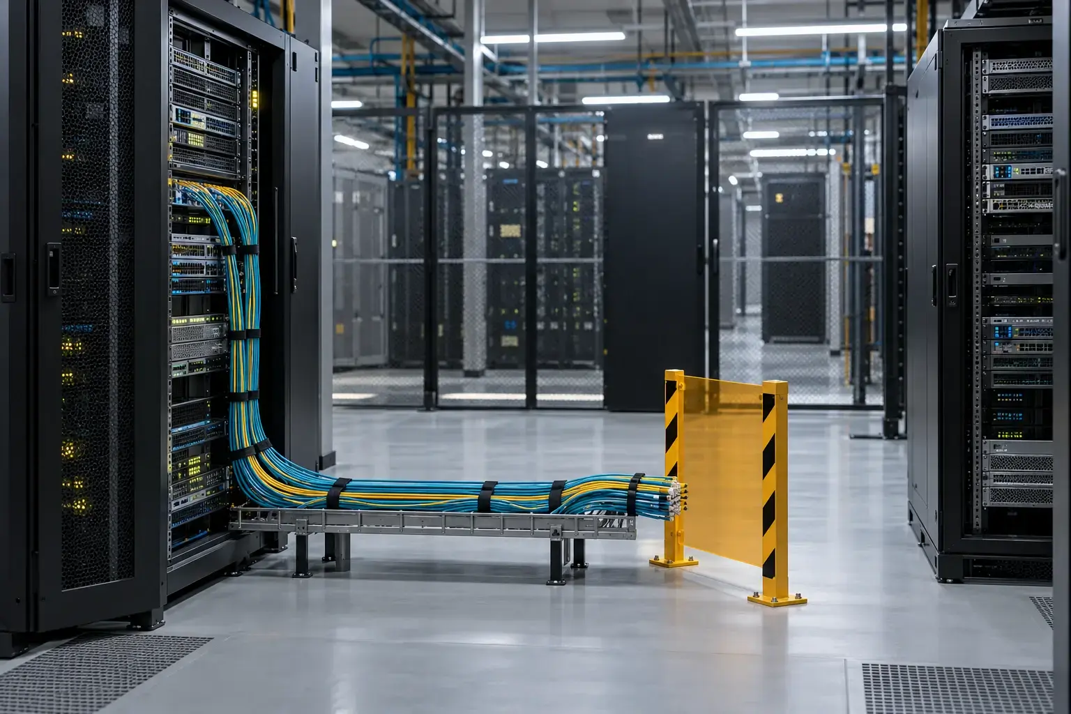 Fiberkabler fra et serverrack ender ved en gul afspærring før et andet rack i et datacenter.