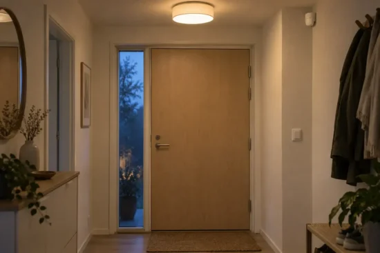 Entré med loftlys, almindelig vægkontakt og diskret bevægelsessensor.