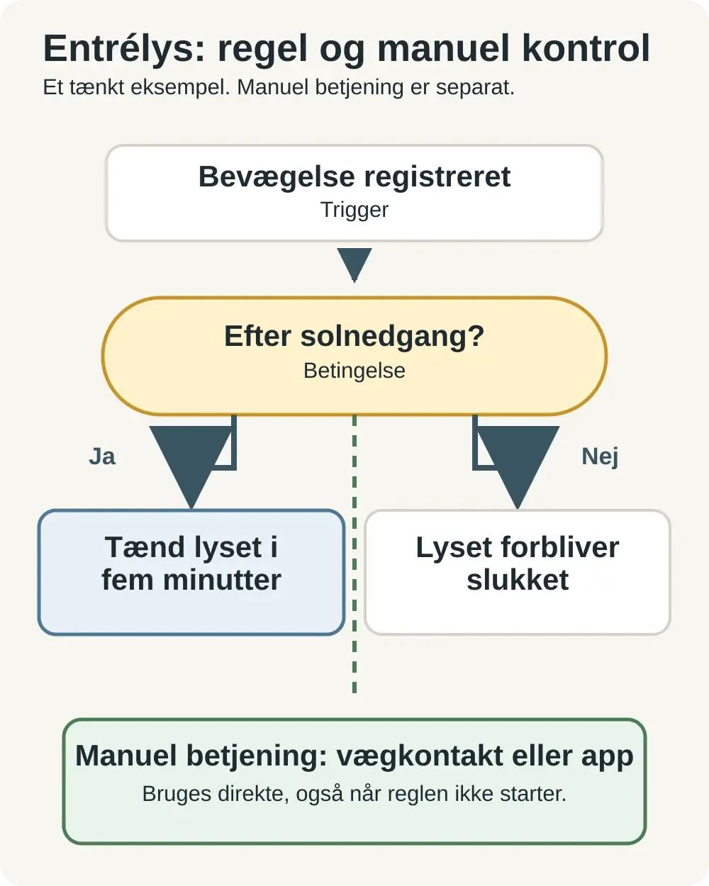 Diagram med bevægelse som trigger, efter solnedgang som betingelse, fem minutters lys ved ja, slukket lys ved nej og manuel betjening ved siden af reglen.