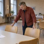 En mand stiller stole på plads i et fælleshus. På bordet ligger en telefon og et ark med overskriften Påmindelse.