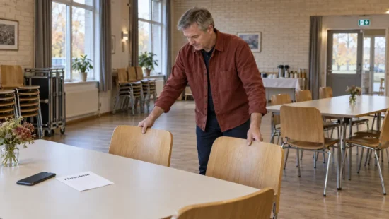 En mand stiller stole på plads i et fælleshus. På bordet ligger en telefon og et ark med overskriften Påmindelse.
