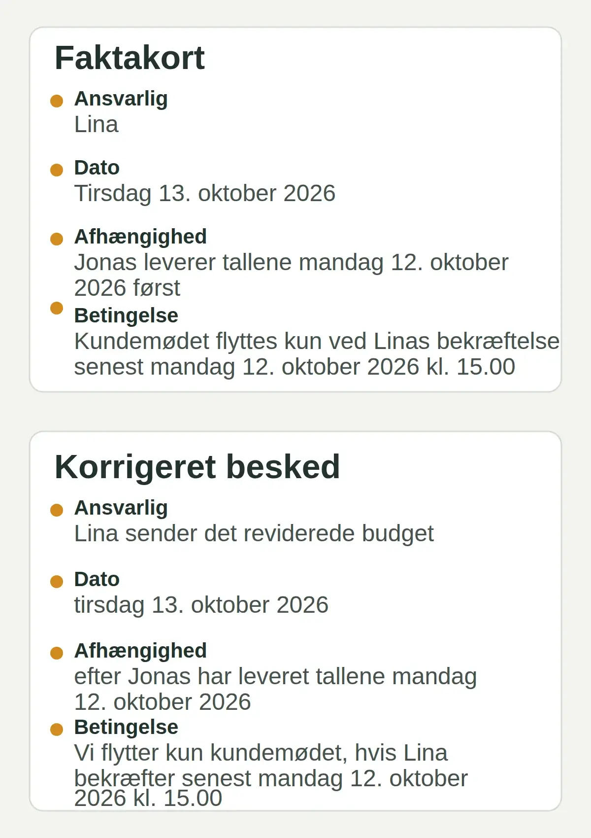 Faktakort og korrigeret besked med samme ansvarlige, dato, afhængighed og betingelse.