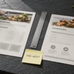 To fiktive cateringtilbud ved siden af en lineal og en seddel med teksten ikke oplyst.