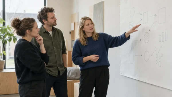 Illustrativ scene med tre kolleger, der gennemgår en enkel plan på en væg i et lyst møderum.