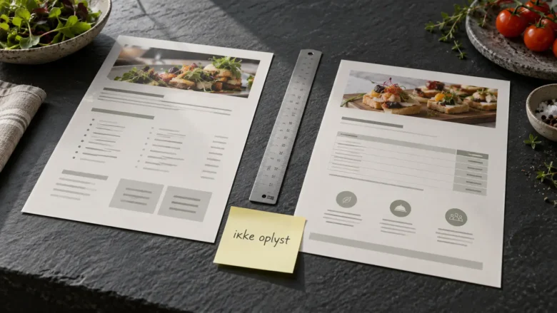 To fiktive cateringtilbud ved siden af en lineal og en seddel med teksten ikke oplyst.