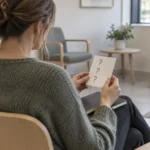 Anonym person set bagfra i et venteområde med et kort med tre spørgsmålstegn og en lukket notesbog på skødet.