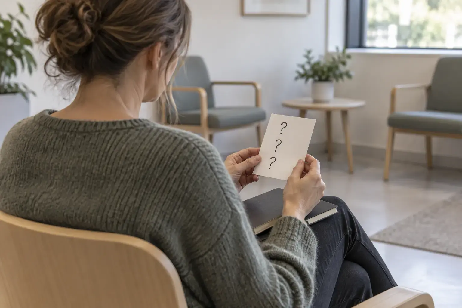 Anonym person set bagfra i et venteområde med et kort med tre spørgsmålstegn og en lukket notesbog på skødet.