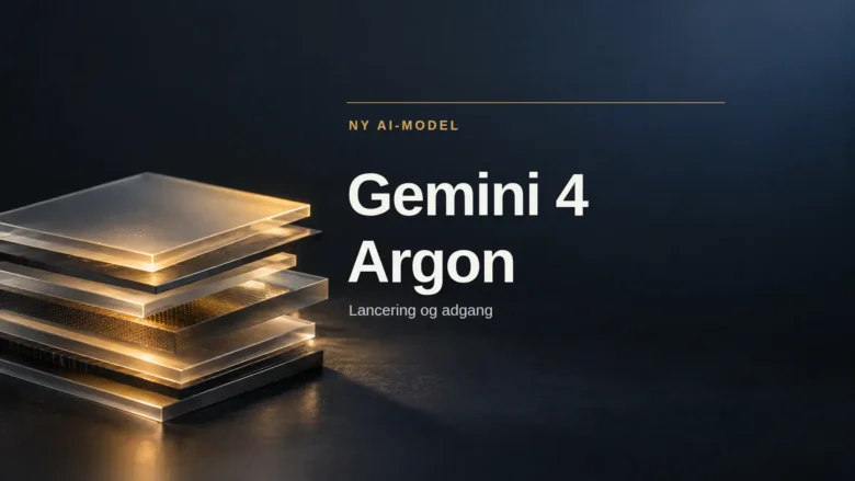Illustrativ grafik med teksten “Gemini 4 Argon” ved siden af lagdelte, lysende glasplader, der symboliserer en ny AI-model.